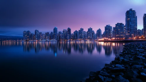Calm waterfront city skyline with blue and violet night light.