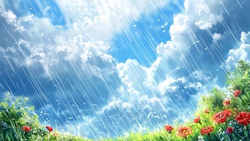 Rainwashed wildflower morning under a bright hopeful sky.