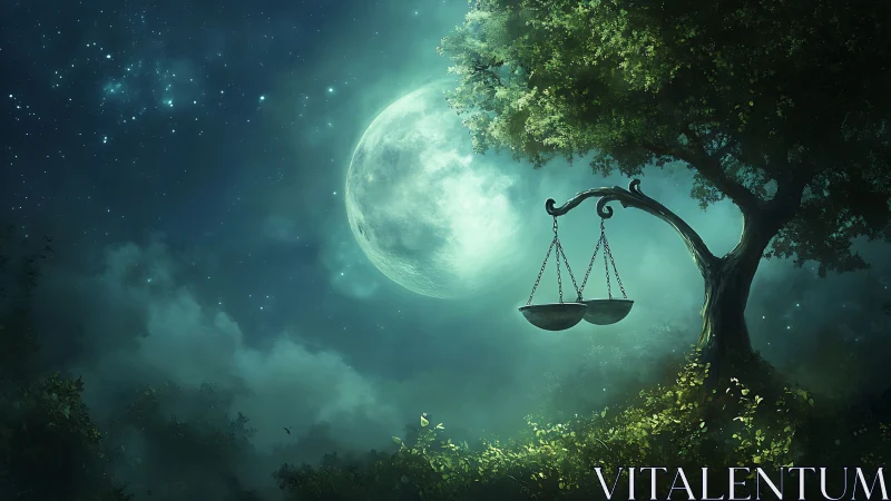 Moonlit forest scales hang beneath glowing celestial sphere.