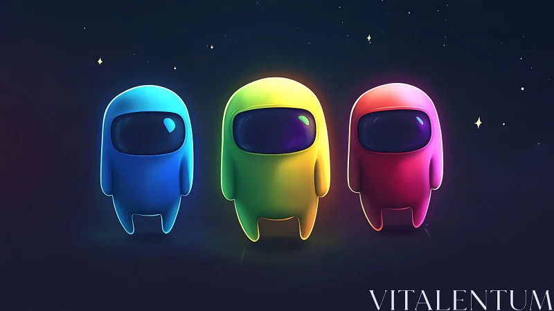 Triad of neon astronauts rendered with soft glow gradients in space