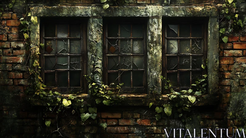 Triptych of moss-stained window frames with cracked, opaque glass