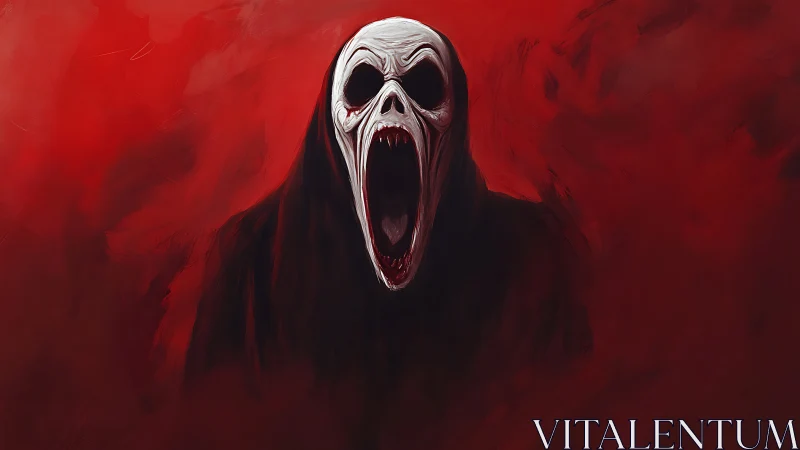 Monochrome skull mask entity on blood-red abstract field