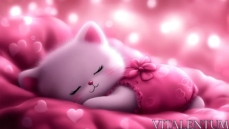 Sleeping White Kitten in Pink Dreamscape.