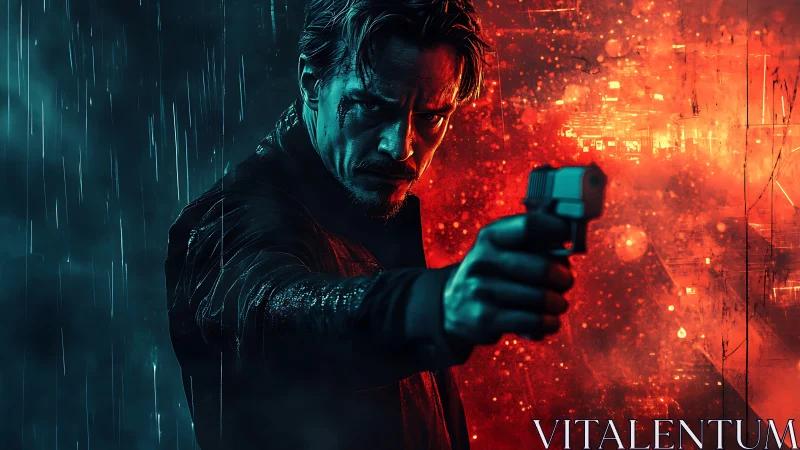 Rain-soaked gunman between neon storm and burning code.