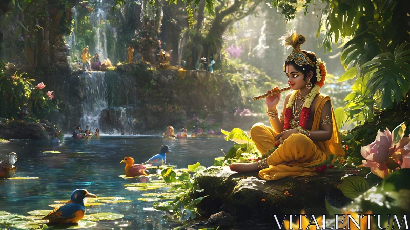 Divine child flutist illuminates verdant riverside sanctuary