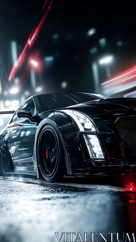Low-angle render shows wet asphalt reflections on tuned black coupe