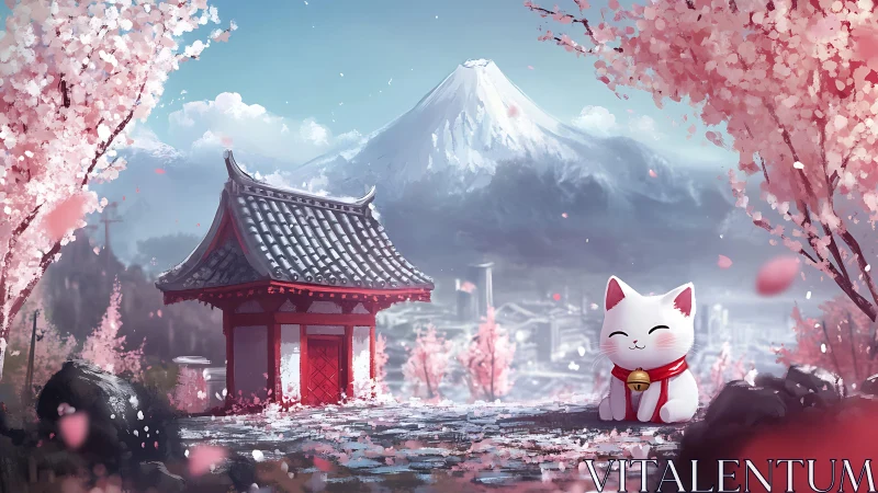 Maneki-neko statue near gate with cherry blossoms and mountain.