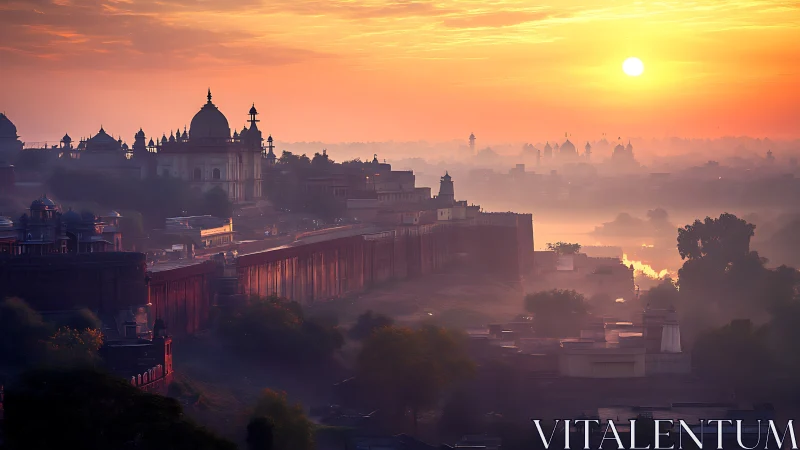 Historic Indian cityscape with fort walls under sunrise light.