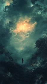 Solitary figure observes apocalyptic sky in cinematic concept art
