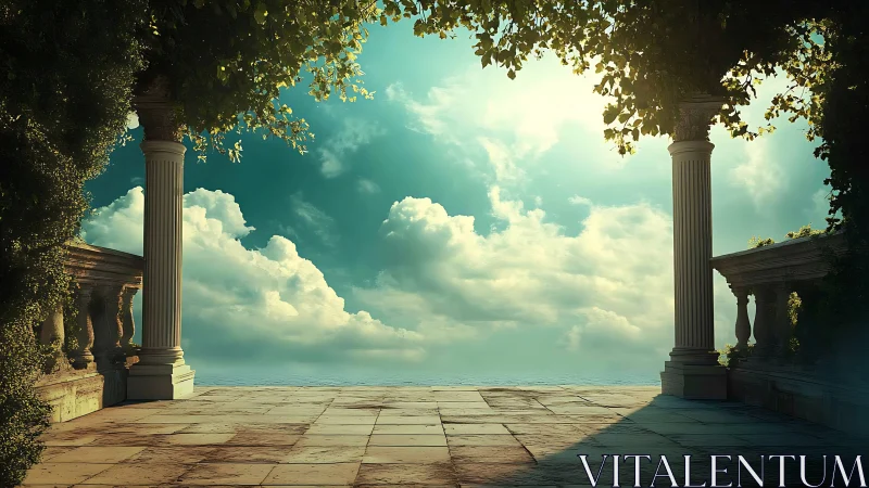 Stone terrace with classical columns opening to cloudy sky