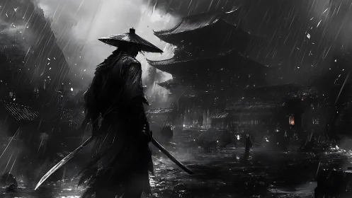 Lone samurai in a rain-soaked temple street at midnight.