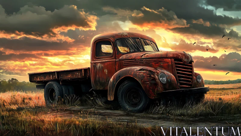 Rusting farm truck under dramatic sunset sky.