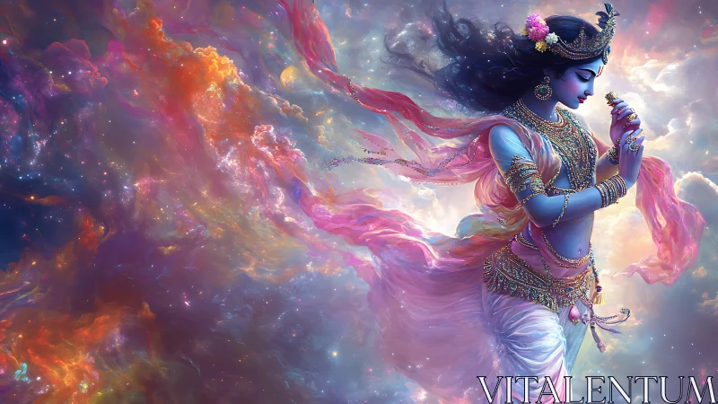 Celestial blue figure in ornate dress amid nebula clouds.
