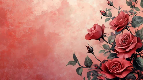 Red Roses Against Coral Gradient with Botanical Details