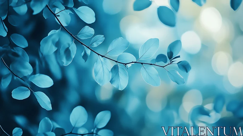 Delicate Branch with Blue Leaves in Soft Dreamy Bokeh Style.