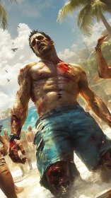 Injured male figure walking on crowded tropical beach scene.