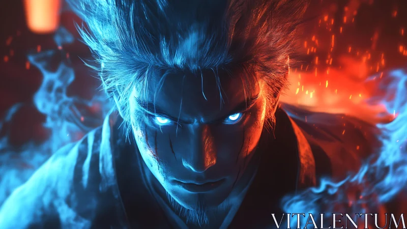 Elemental warrior glare divides blue flame and ember fire.