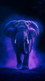 Elephant in frontal view within dense purple atmospheric haze.