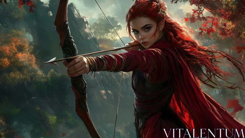 Fiery-haired elven archer draws her bow in autumn forest.