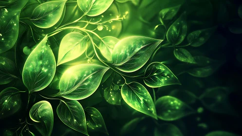 Glowing forest leaves drifting through gentle emerald light.