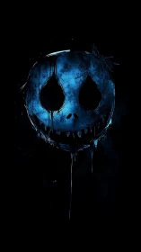 Moody blue skull smile glows softly in the dark night