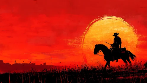 Lone rider quietly crosses a fiery western sunset sky