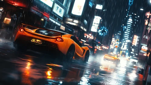 Orange sports cars drive through wet neon city streets at night