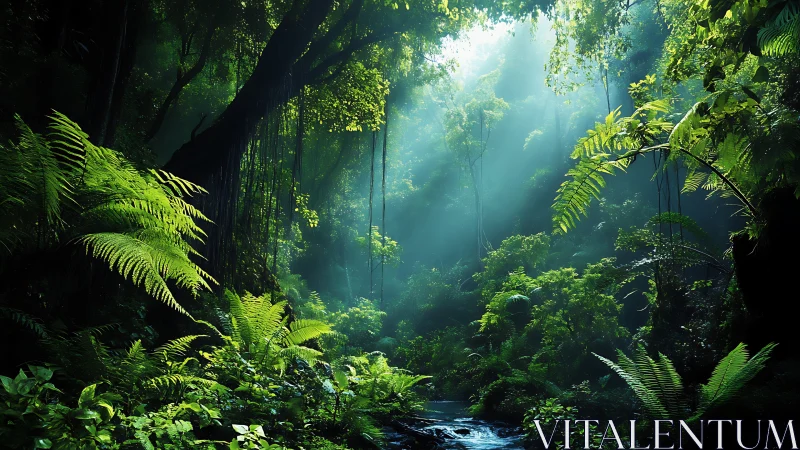 Dense forest canopy with atmospheric light penetration through vegetation layers