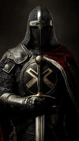 Armored knight holds broadsword before dark backdrop
