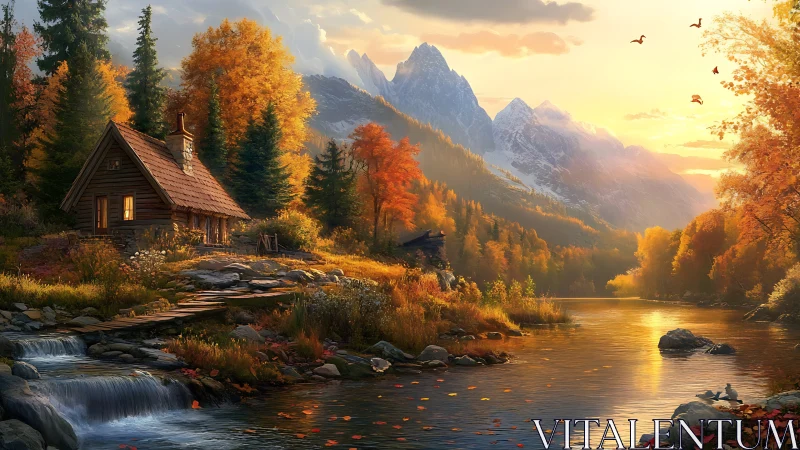 Mountain cabin by autumn river under warm sunset light.