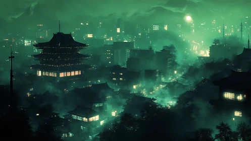 Neon mist haunts a cyberpunk pagoda city beneath twin moons.
