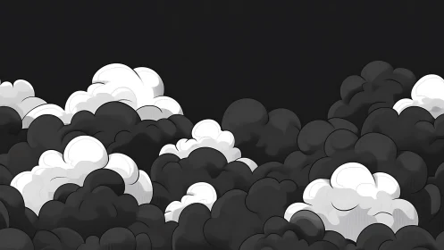 Monochrome cartoon cloud clusters on dark sky backdrop.
