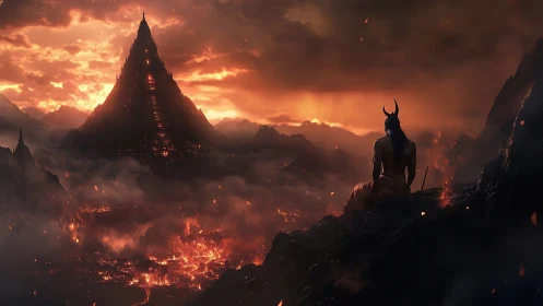 Horned figure surveys volcanic citadel under infernal sky glow