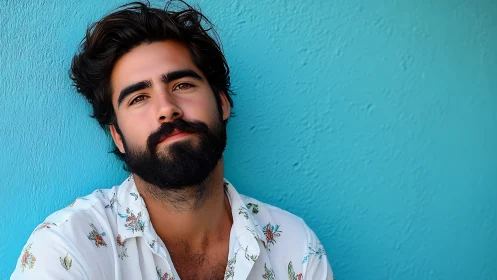 Bearded man portrait against bright turquoise wall.