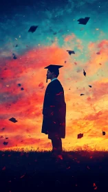 Solitary graduate silhouetted beneath blazing sunset sky.