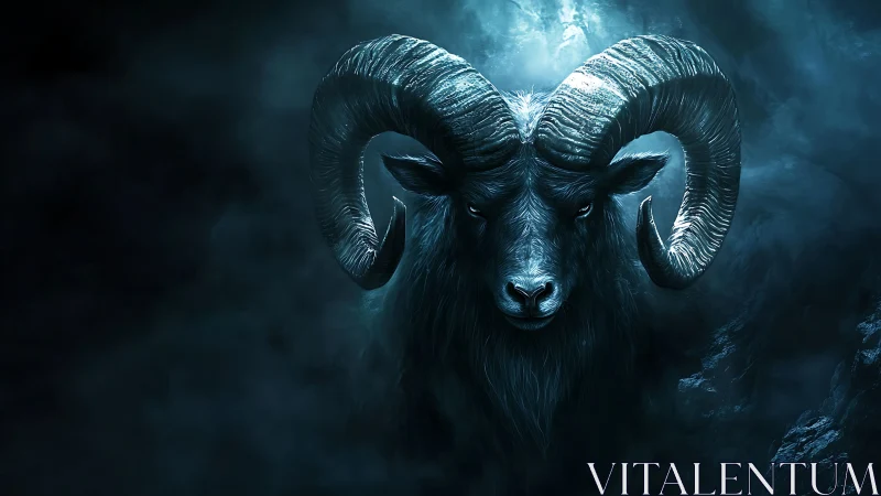Ram head with curved horns rendered in low key blue lighting