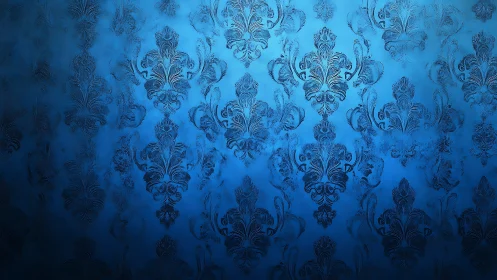 Blue damask wallpaper pattern with textured floral motifs.