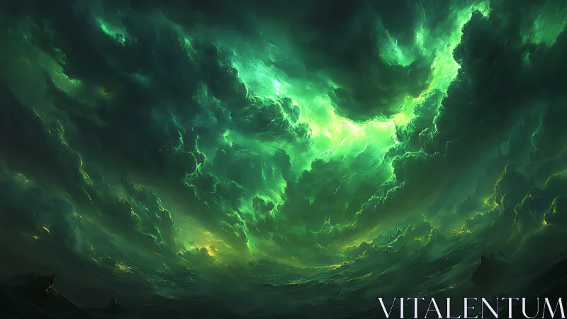 Emerald storm clouds devour horizon above darkened sea.