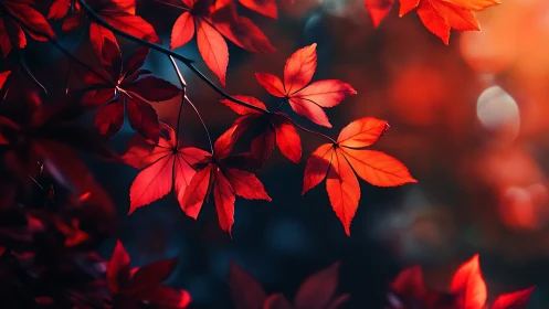 Crimson maple leaves in shallow depth autumn bokeh light.