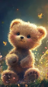 Fluffy teddy bear glows softly in a dreamy forest meadow
