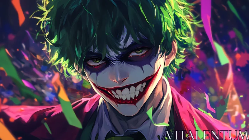 Digital painting portrait of manic clown figure in confetti storm.