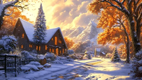 Snow-covered cottage stands along sunlit mountain road