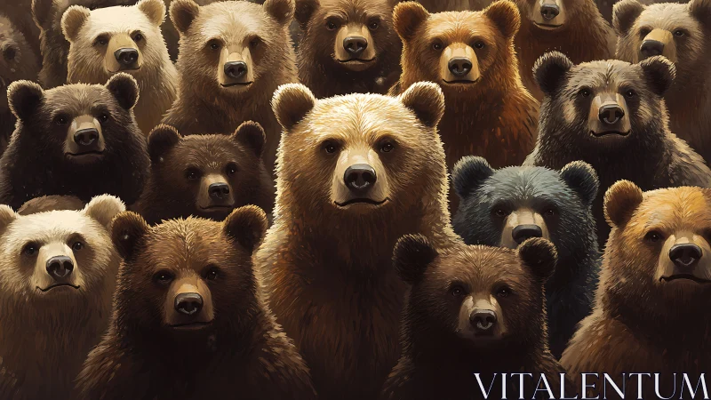 Group portrait of many detailed brown bears facing camera.