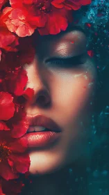 Floral-partitioned visage in high-saturation digital chiaroscuro.