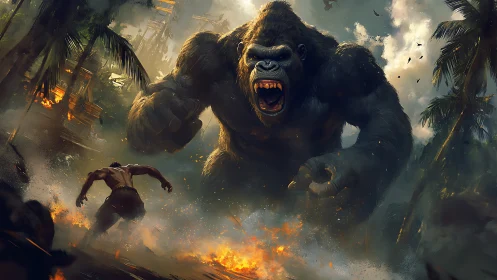 Colossal jungle gorilla charges through fire in primal fury