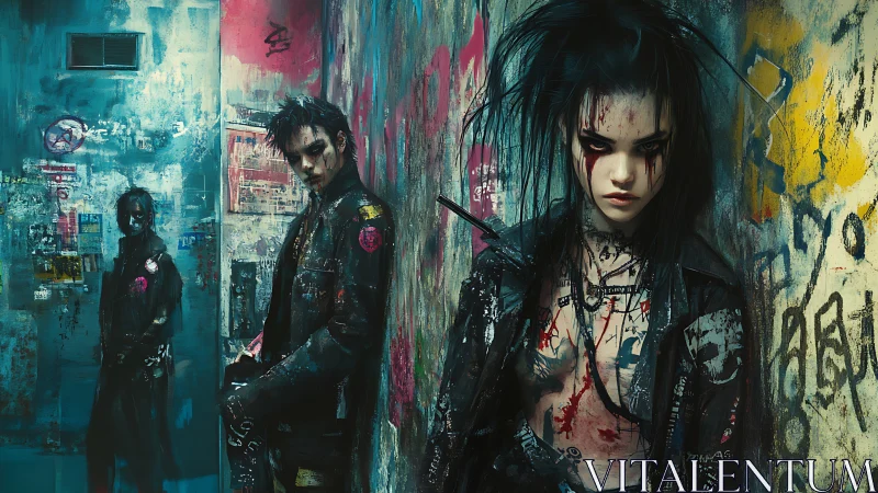 Cyberpunk alley figures in graffiti-covered urban corridor.