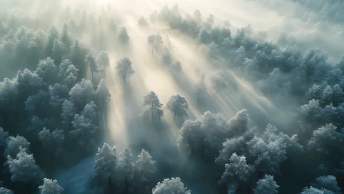 Winter sunbeams drift through a frost-veiled dream forest.