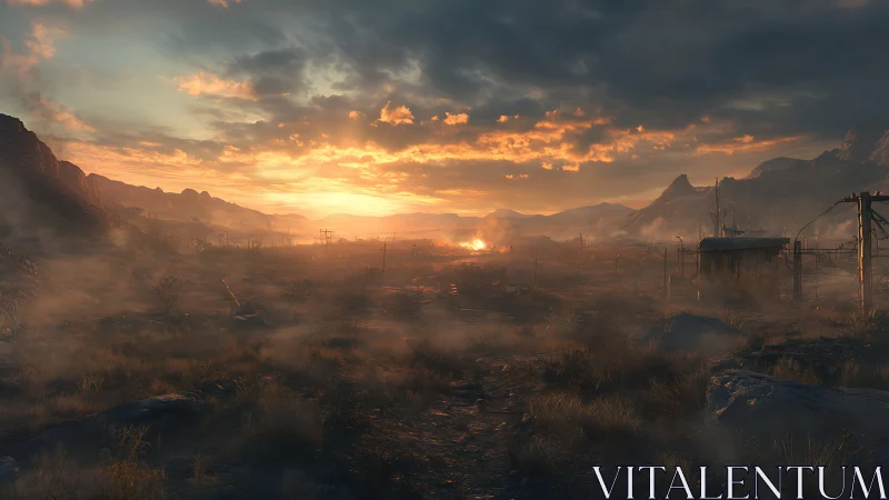 Post-apocalyptic desert plain under incendiary sunset light