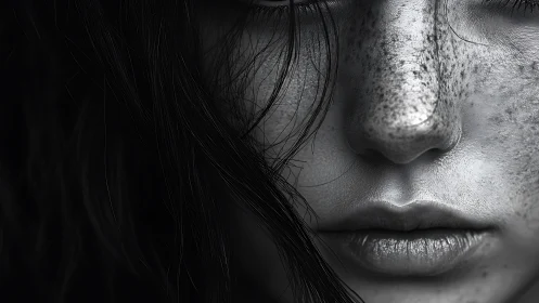 Hyperreal monochrome closeup of freckled face and lips, macro