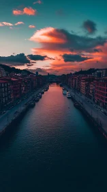 Twilight river canyon under flaming clouds and neon dusk glow.